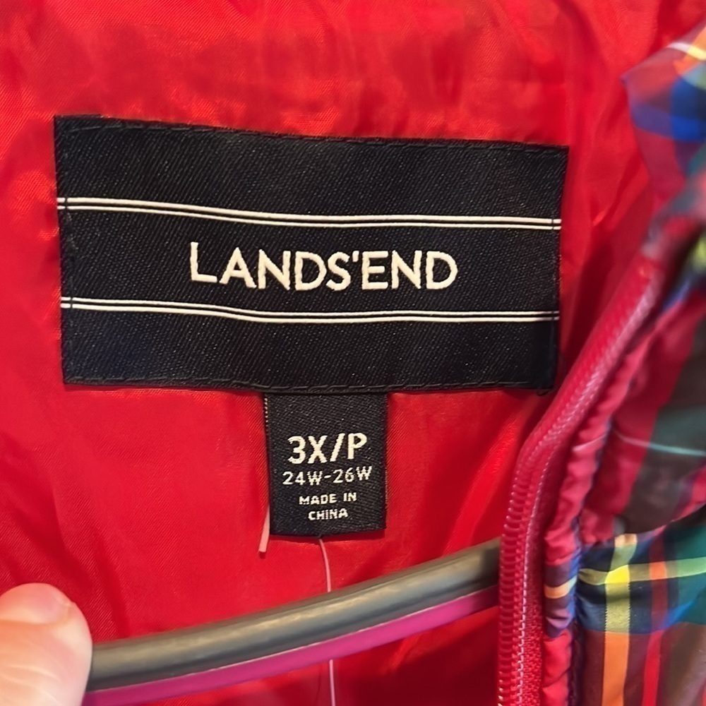 Red preppy classic plaid down filled NWT lands End zip puffer vest size 3XP - Picture 8 of 10
